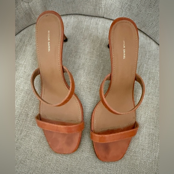 Mansur Gavriel Tan Leather Strap Heeled Sandals - Picture 1 of 9